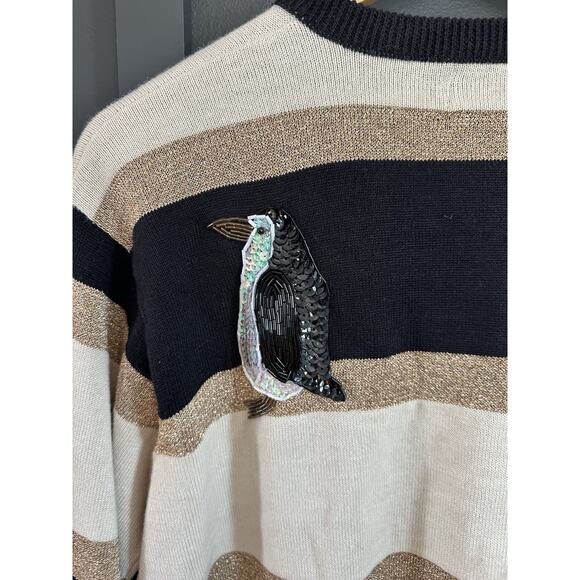 Terazzo Women’s black, beige, and gold striped cardigan with sequined penguins M - Picture 5 of 7